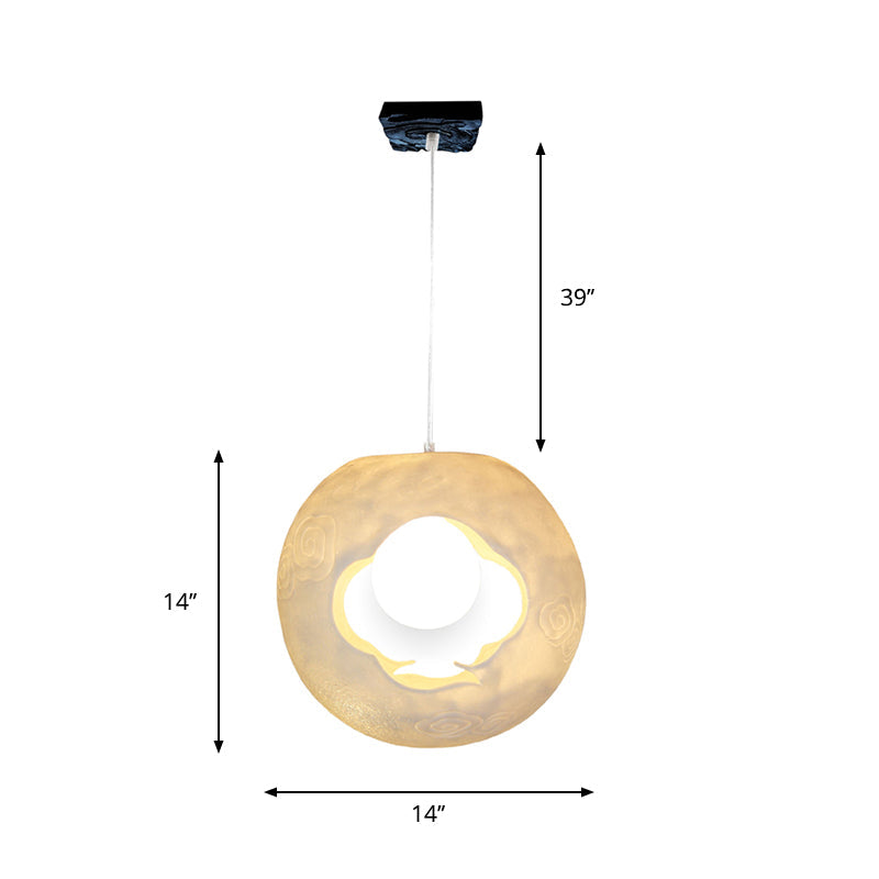 Modern White Pendulum Hanging Lamp Kit With Laser-Cut Ball Resin Shade - 1 Bulb Bedroom Light