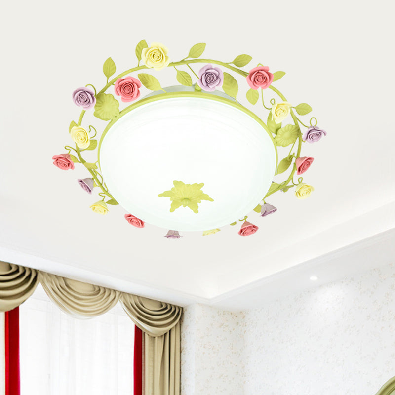 Pastoral Ceramic Flush Mount Ceiling Lamp With 3 Green Rose Garlands Frosted Glass Shade -
