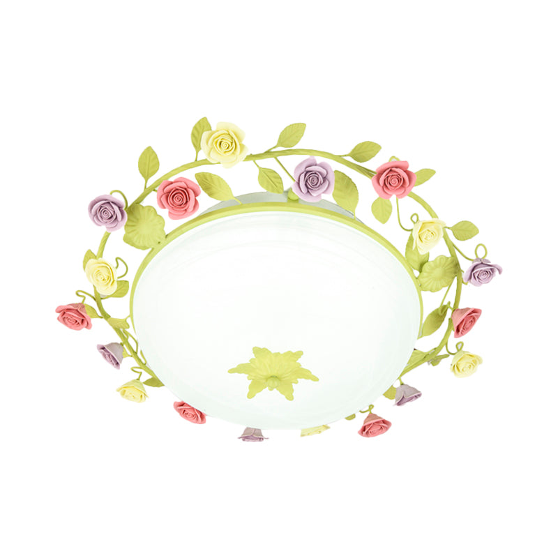 Pastoral Ceramic Flush Mount Ceiling Lamp With 3 Green Rose Garlands Frosted Glass Shade -