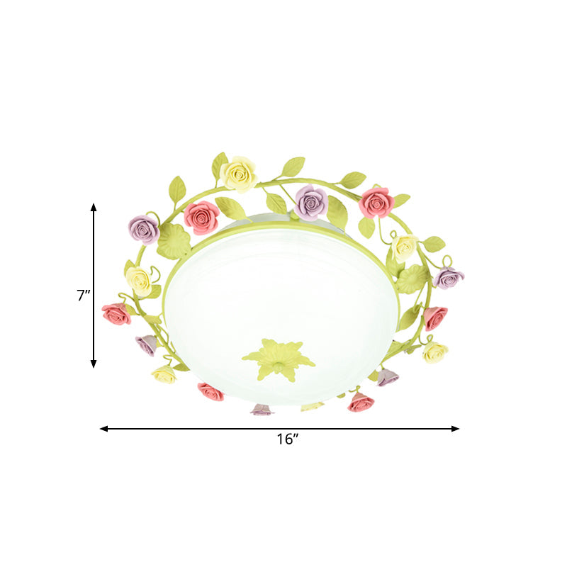 Pastoral Ceramic Flush Mount Ceiling Lamp with 3 Green Rose Garlands, Frosted Glass Shade - Small/Large Size