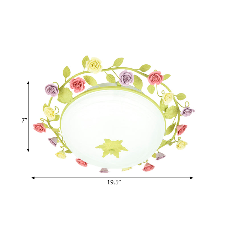 Pastoral Ceramic Flush Mount Ceiling Lamp with 3 Green Rose Garlands, Frosted Glass Shade - Small/Large Size