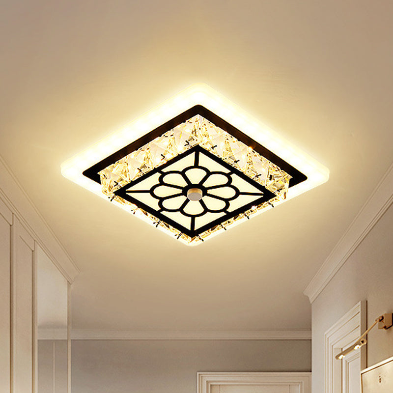 Modern Black Floral Pattern Crystal LED Ceiling Light - Beveled Round/Square Flushmount Lamp for Corridors