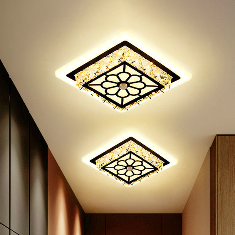 Modern Black Floral Pattern Crystal LED Ceiling Light - Beveled Round/Square Flushmount Lamp for Corridors