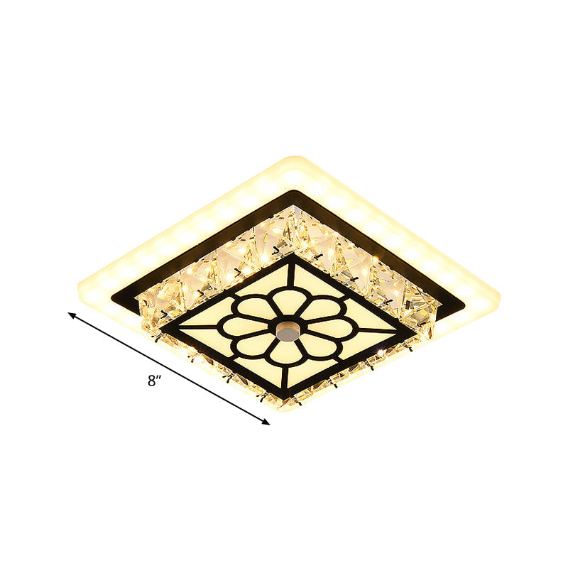 Modern Black Floral Pattern Crystal LED Ceiling Light - Beveled Round/Square Flushmount Lamp for Corridors