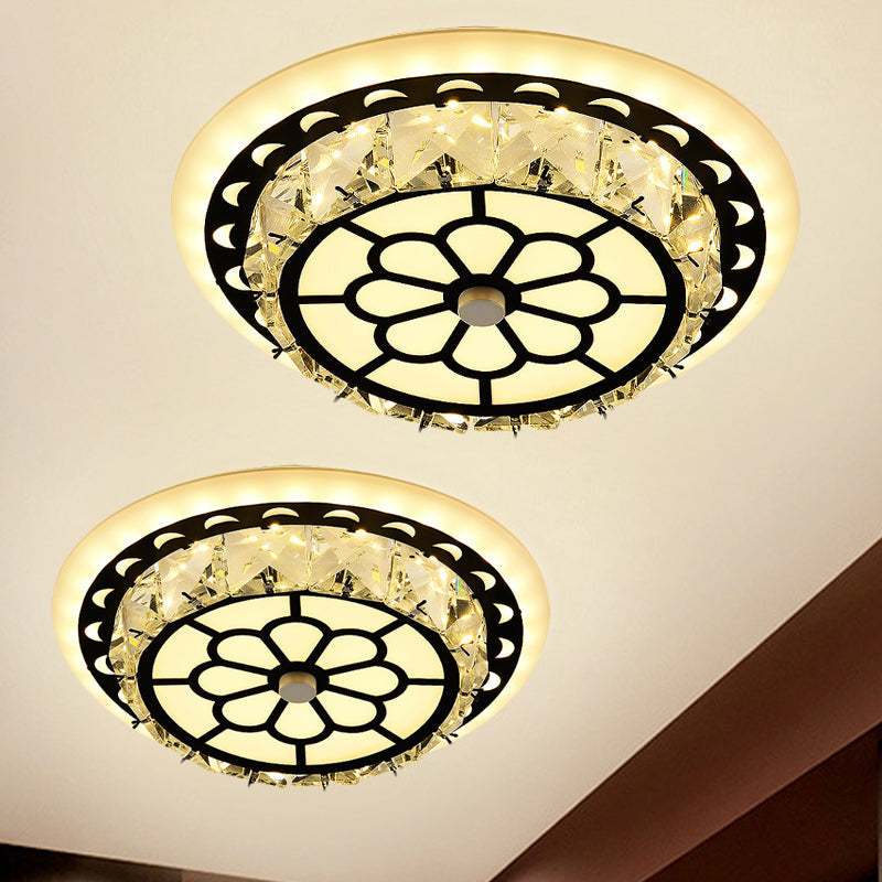 Modern Black Floral Pattern Crystal LED Ceiling Light - Beveled Round/Square Flushmount Lamp for Corridors