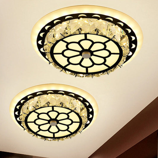 Modern Black Floral Pattern Crystal LED Ceiling Light - Beveled Round/Square Flushmount Lamp for Corridors