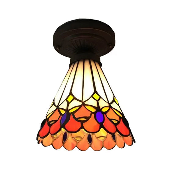 Mini plafonnier semi-encastré de style Tiffany en bronze avec abat-jour floral en verre teinté - 8"H x 6"P
