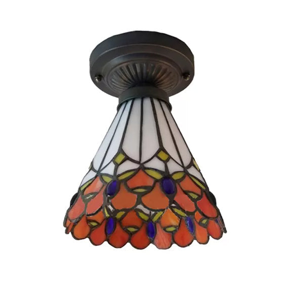 Mini plafonnier semi-encastré de style Tiffany en bronze avec abat-jour floral en verre teinté - 8"H x 6"P
