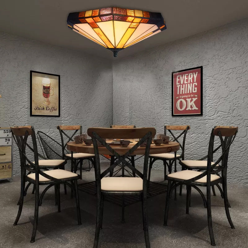 Mission Stained Glass Flush Mount Ceiling Light for Bedroom - 3-Light Fixture