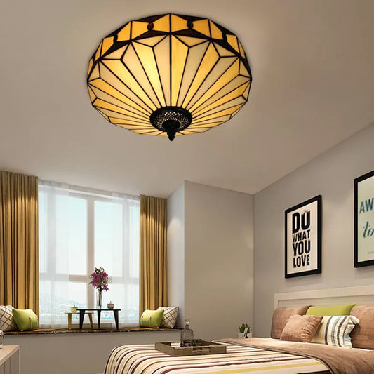 Geometric Stained Glass Ceiling Light for Bedroom - 2-Light Flush Mount Fixture, Mission Style - H8.5" x D16