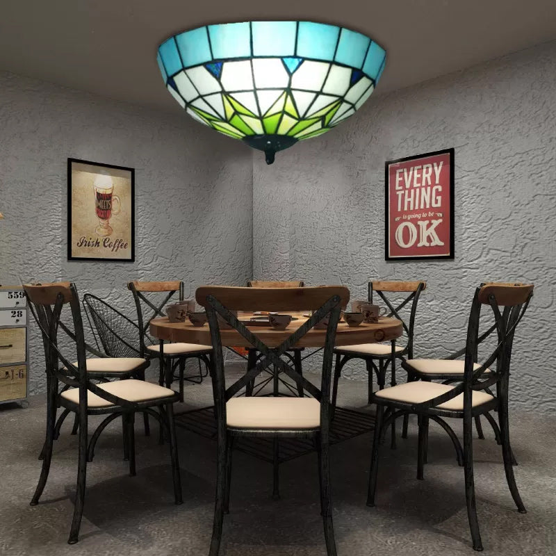 Bronze Stained Glass Ceiling Lighting - Mini Tiffany Style Flush Mount Light Fixture with Jewel for Bedroom - H6" x D10