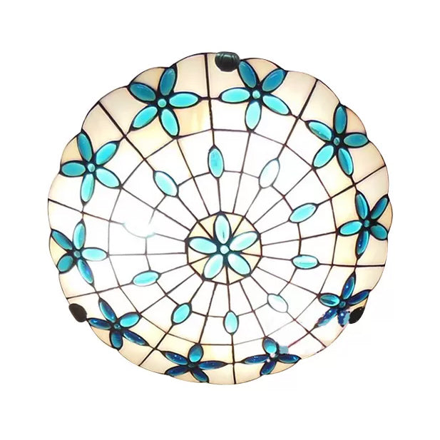 Tiffany Stained Glass Ceiling Light Blue - 3-Lights Flushmount with Bowl Shade, Jewel - 5"H x 16"D