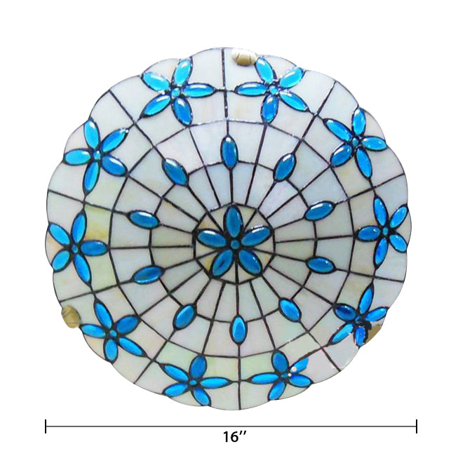 Tiffany Stained Glass Ceiling Light Blue - 3-Lights Flushmount with Bowl Shade, Jewel - 5"H x 16"D