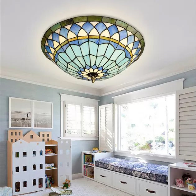 Tiffany Style Stained Glass Semi Flush Light - Blue Ceiling Fixture for Living Room - 5" H x 16" Dia Bowl Shade