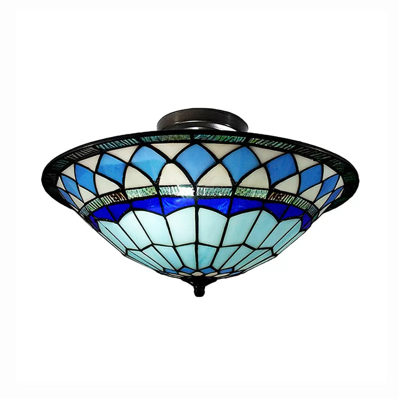 Tiffany Style Stained Glass Semi Flush Light - Blue Ceiling Fixture for Living Room - 5" H x 16" Dia Bowl Shade