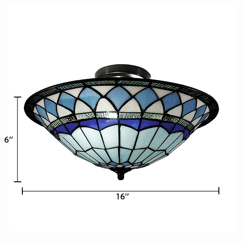 Tiffany Style Stained Glass Semi Flush Light - Blue Ceiling Fixture for Living Room - 5" H x 16" Dia Bowl Shade