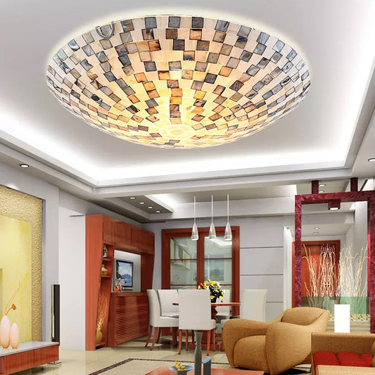 Tiffany Shell Flush Mount Ceiling Light in Beige - 2 Lights, Bowl Shade, 8" H x 12" Diameter - Bedroom Ceiling Lighting