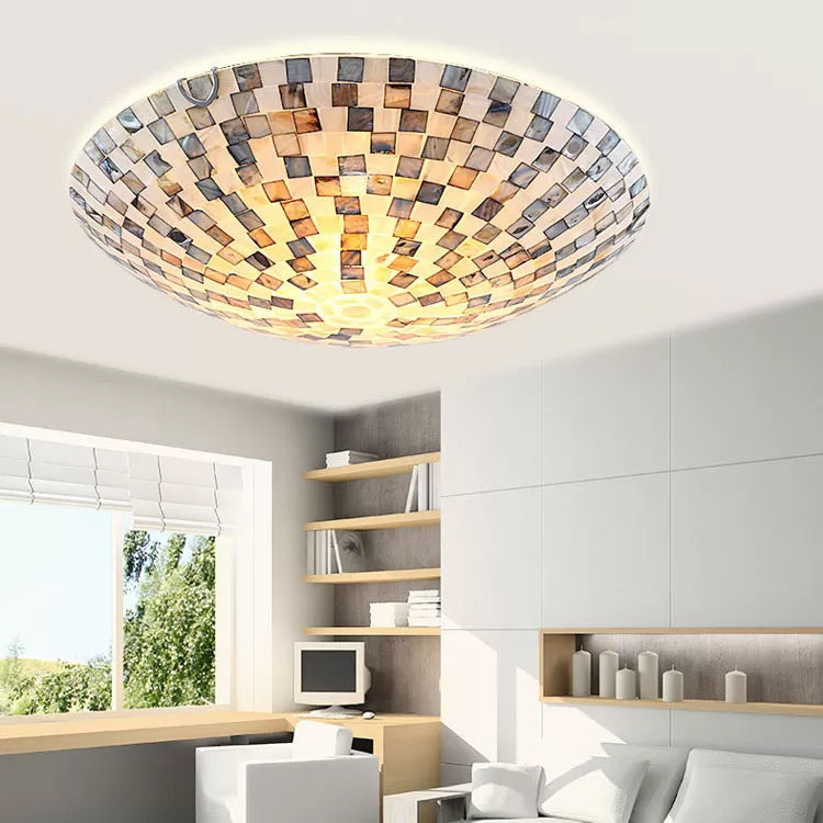 Tiffany Shell Flush Mount Ceiling Light in Beige - 2 Lights, Bowl Shade, 8" H x 12" Diameter - Bedroom Ceiling Lighting