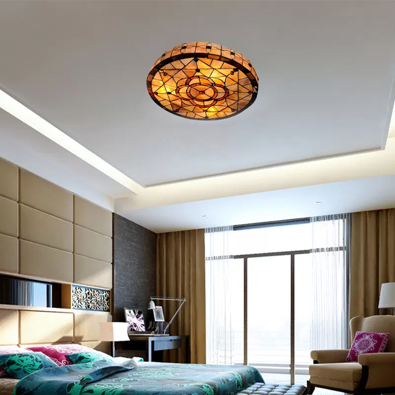 Tiffany Style Stained Glass Ceiling Light Fixture - 3-Light Drum Shade Flush Mount with Jeweled Accents for Bedroom - 3" H x 18" in Diameter