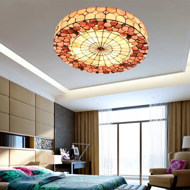 Tiffany Bedroom Ceiling Lights - 4-Light Flush Mount Fixture with Stained Glass Drum Shade and Flower Pattern - H3" x D19.5