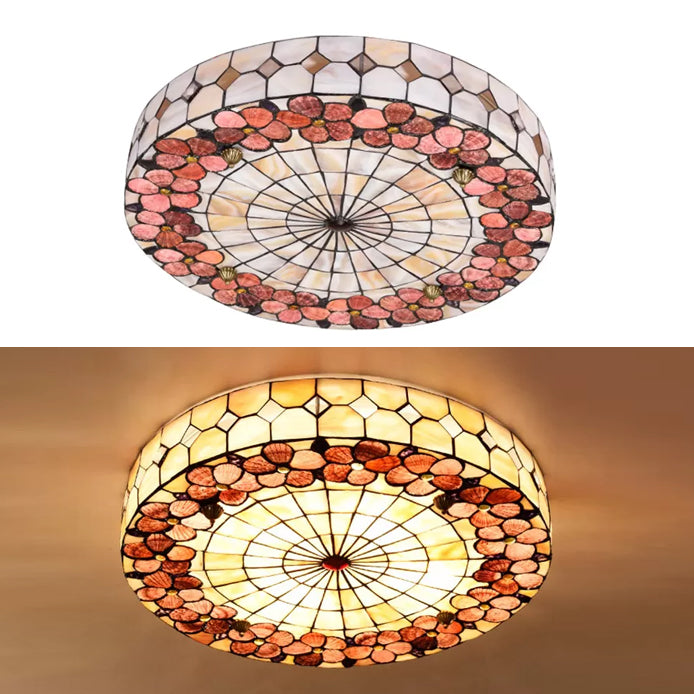 Tiffany Bedroom Ceiling Lights - 4-Light Flush Mount Fixture with Stained Glass Drum Shade and Flower Pattern - H3" x D19.5