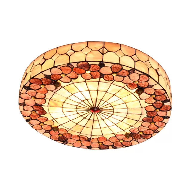 Tiffany Bedroom Ceiling Lights - 4-Light Flush Mount Fixture with Stained Glass Drum Shade and Flower Pattern - H3" x D19.5