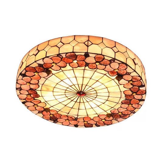 Tiffany Bedroom Ceiling Lights - 4-Light Flush Mount Fixture with Stained Glass Drum Shade and Flower Pattern - H3" x D19.5
