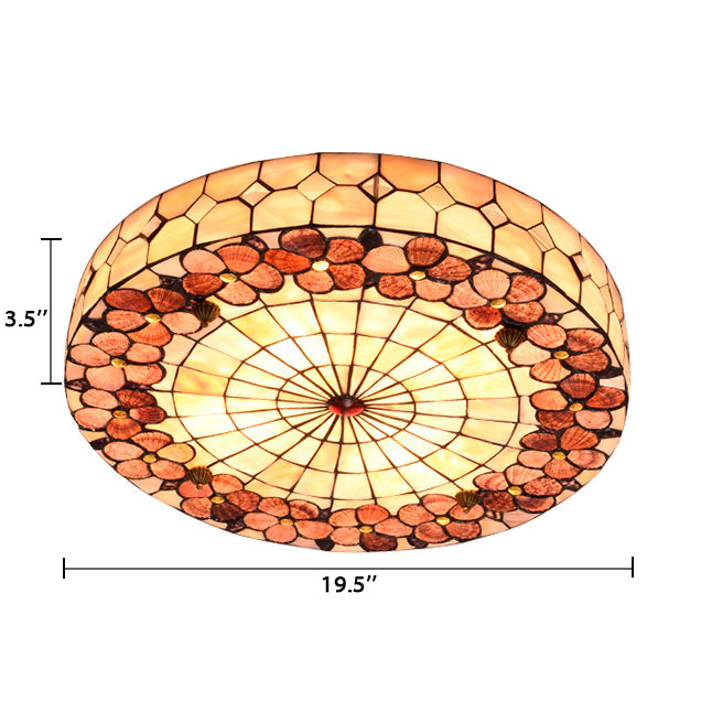 Tiffany Bedroom Ceiling Lights - 4-Light Flush Mount Fixture with Stained Glass Drum Shade and Flower Pattern - H3" x D19.5