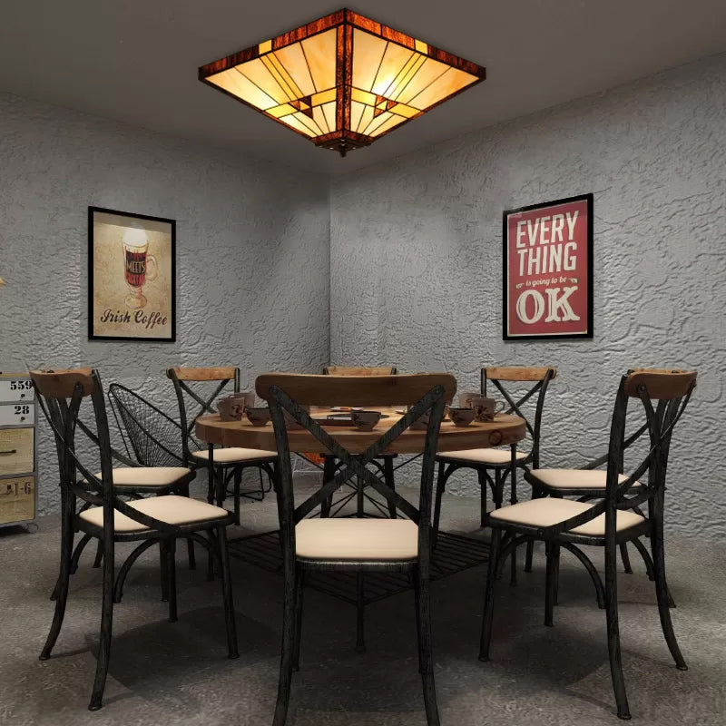 Mission Stained Glass Ceiling Light Fixture - 2-Lights, Small Flush Mount with Pyramid Shade - Bedroom Lighting, H8" x D12