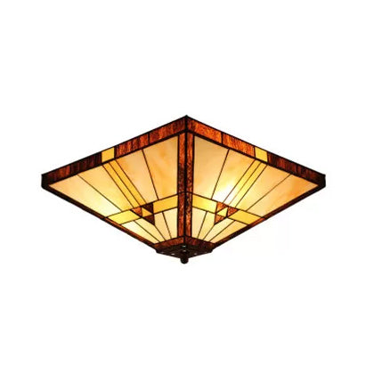 Mission Stained Glass Ceiling Light Fixture - 2-Lights, Small Flush Mount with Pyramid Shade - Bedroom Lighting, H8" x D12