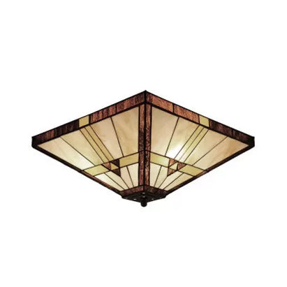 Mission Stained Glass Ceiling Light Fixture - 2-Lights, Small Flush Mount with Pyramid Shade - Bedroom Lighting, H8" x D12