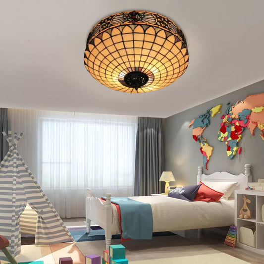Tiffany Style Stained Glass Ceiling Light, 2-Lights Cylinder Flush Mount for Bedroom - 8"H x 18"D