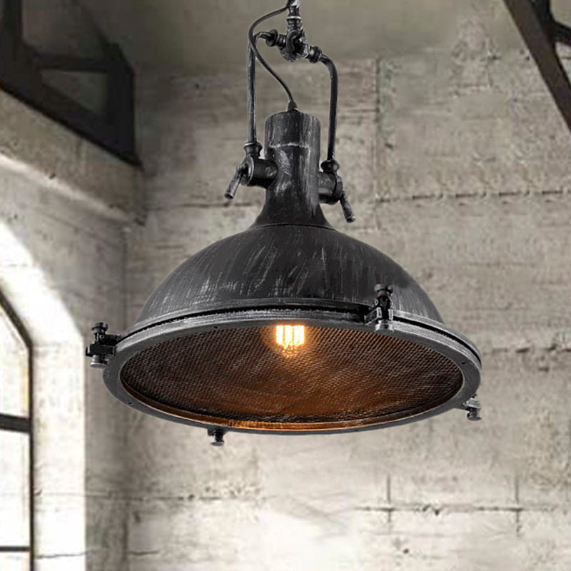 Vintage Style Dome Hanging Light with Wire Mesh - Antique Black Metal Pendant Fixture, 1-Light
