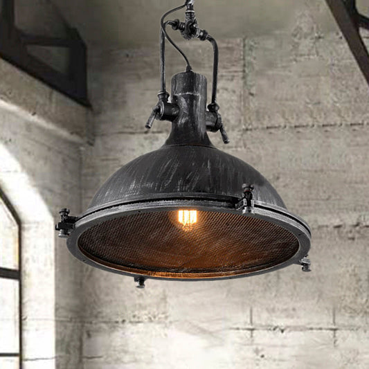 Vintage Style Dome Hanging Light with Wire Mesh - Antique Black Metal Pendant Fixture, 1-Light