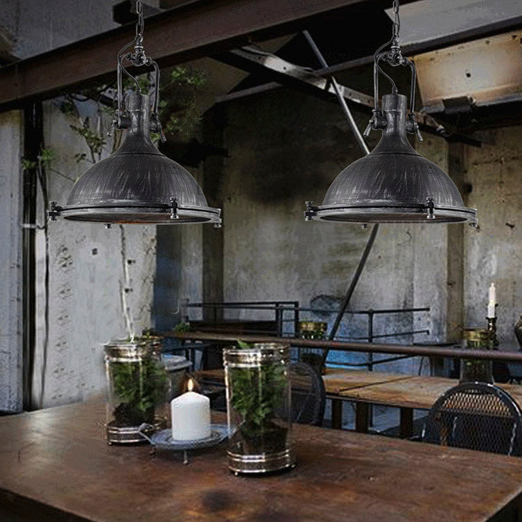 Vintage Style Dome Hanging Light With Wire Mesh - Antique Black Metal Pendant Fixture