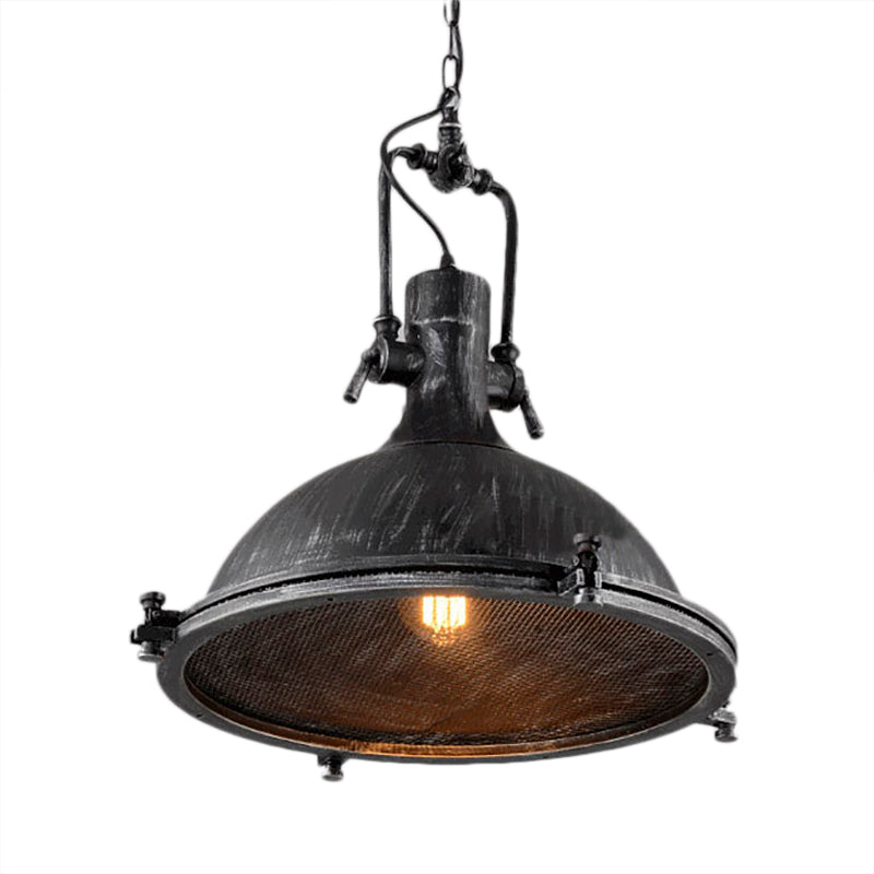 Vintage Style Dome Hanging Light with Wire Mesh - Antique Black Metal Pendant Fixture, 1-Light