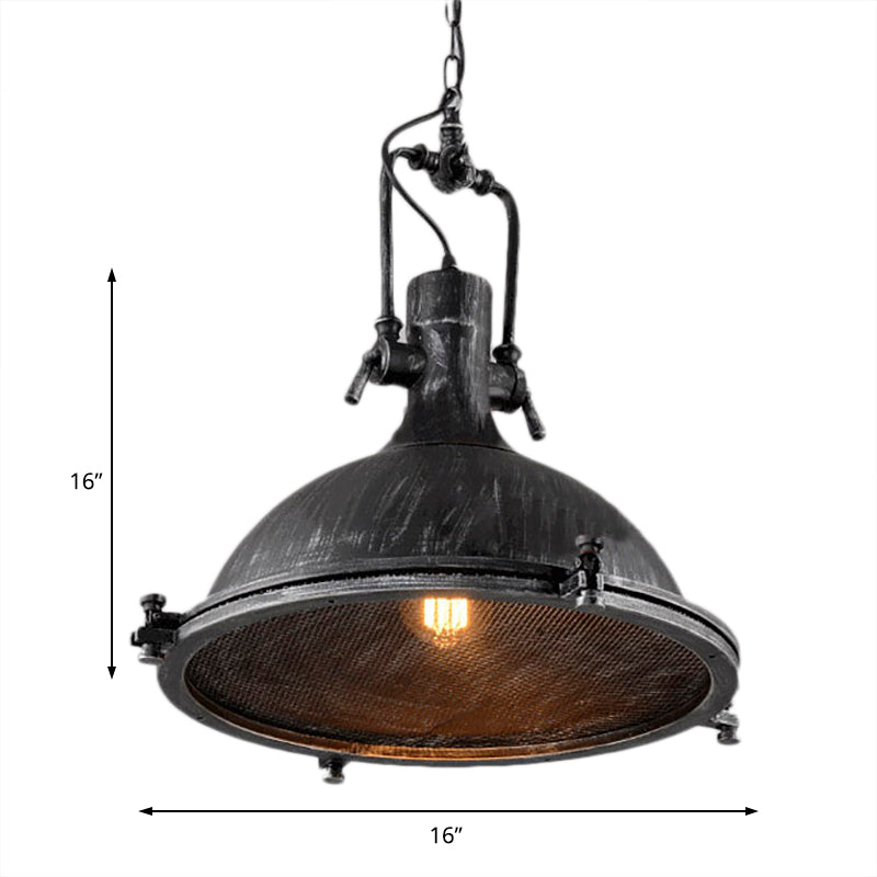 Vintage Style Dome Hanging Light with Wire Mesh - Antique Black Metal Pendant Fixture, 1-Light