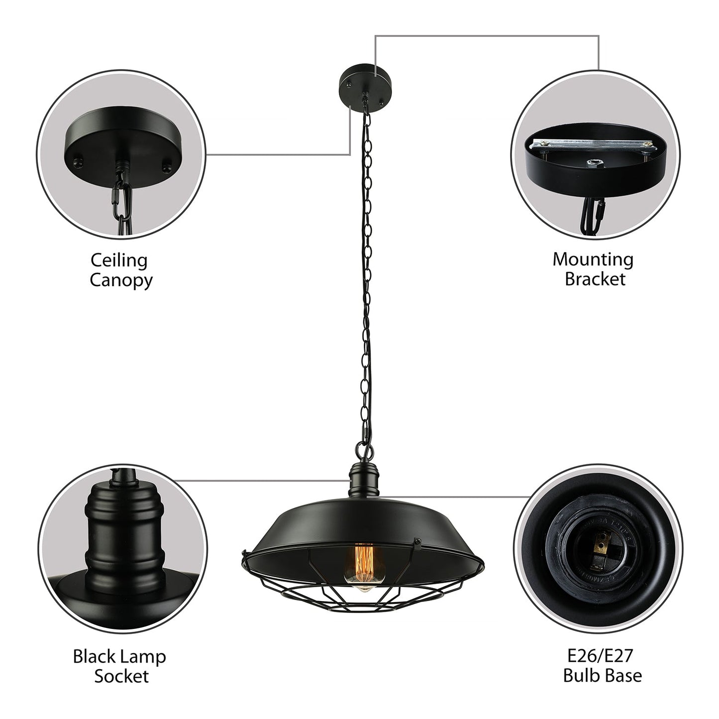 Industrial Black Wire Cage Pendant with Barn Shade - Ceiling or Dining Table Hanging Fixture