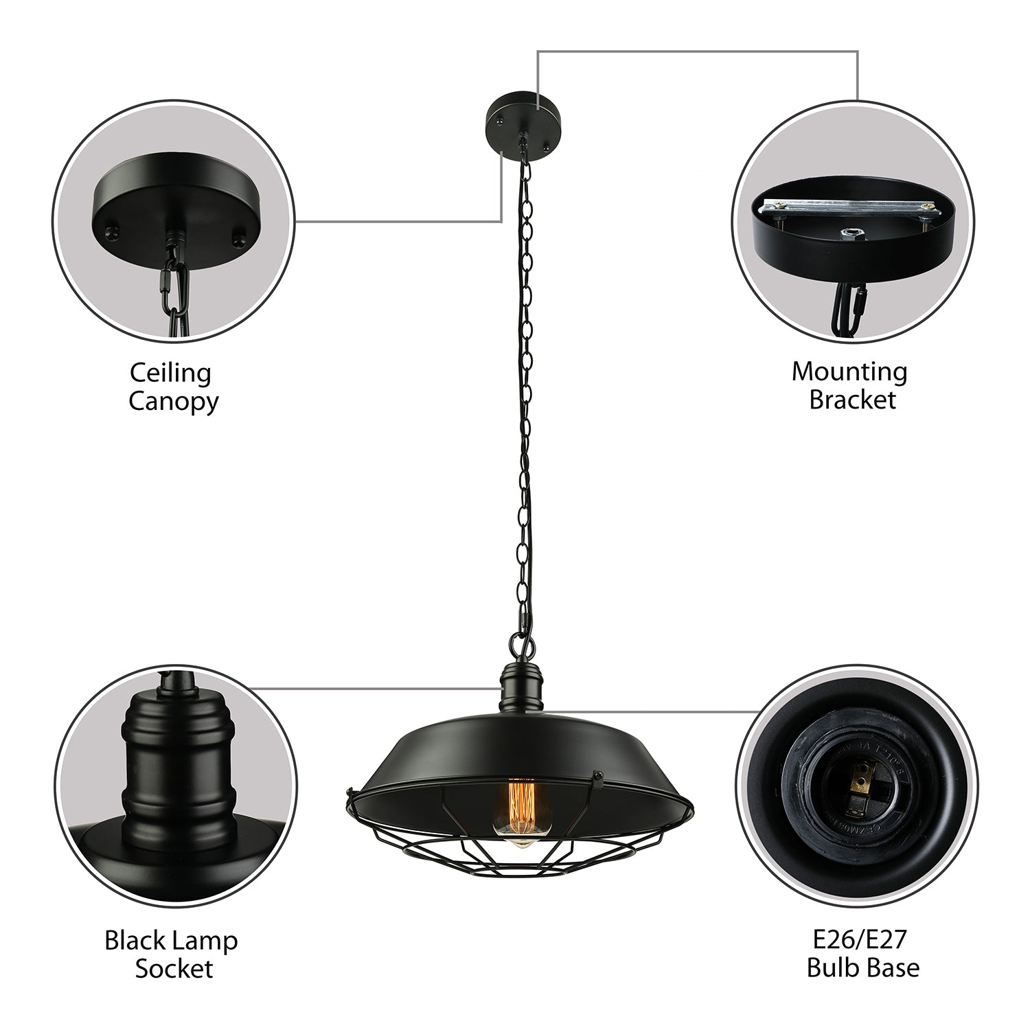 Industrial Wire Cage Pendant Light With Barn Shade - Black