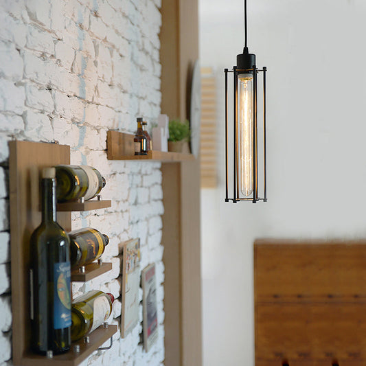 Vintage Style Metal Pendant Light with Cage Shade - Indoor Hanging Ceiling Light - 1 Head, Black Finish