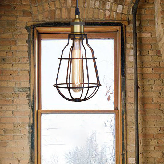 Vintage Metal 1-Head Hanging Pendant Light with Black Cage Shade for Dining Table Ceiling