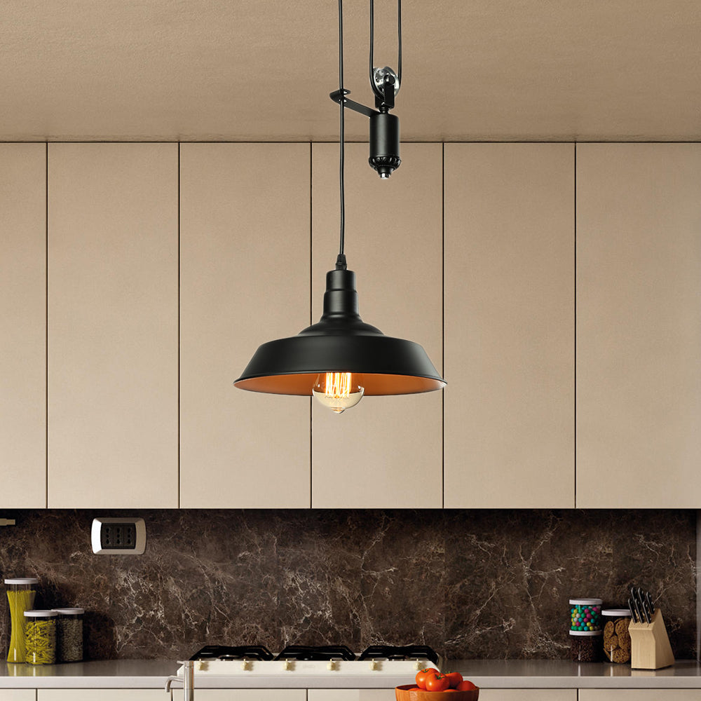 Farmhouse Pulley Pendant Light With Barn Shade - 1 Bulb Metallic Hanging Lamp In Black