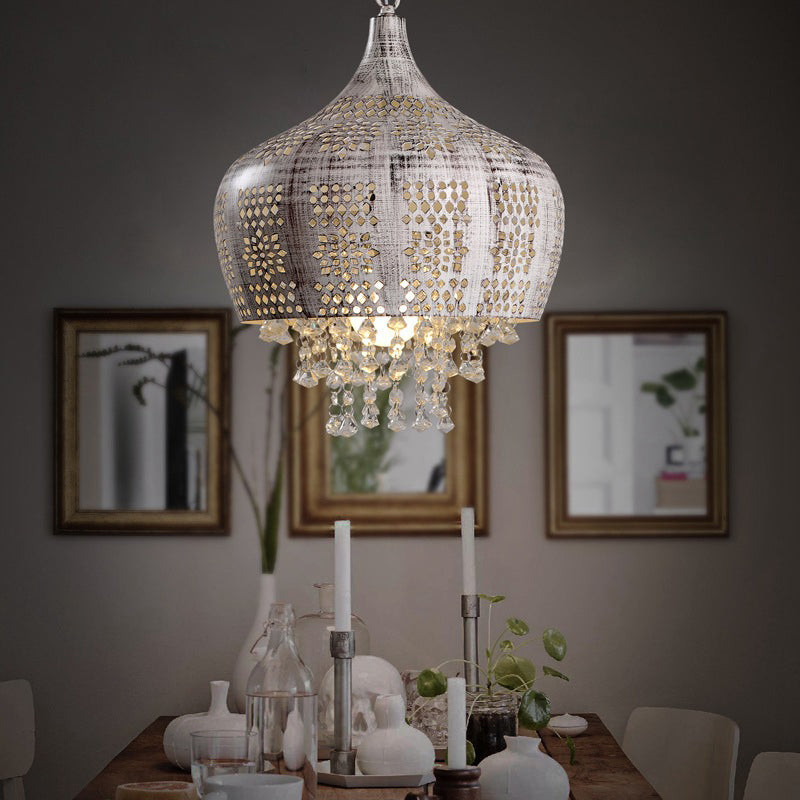 Distressed White Vintage Dome Ceiling Pendant With Crystal Deco Wrought Iron And Pierced Design