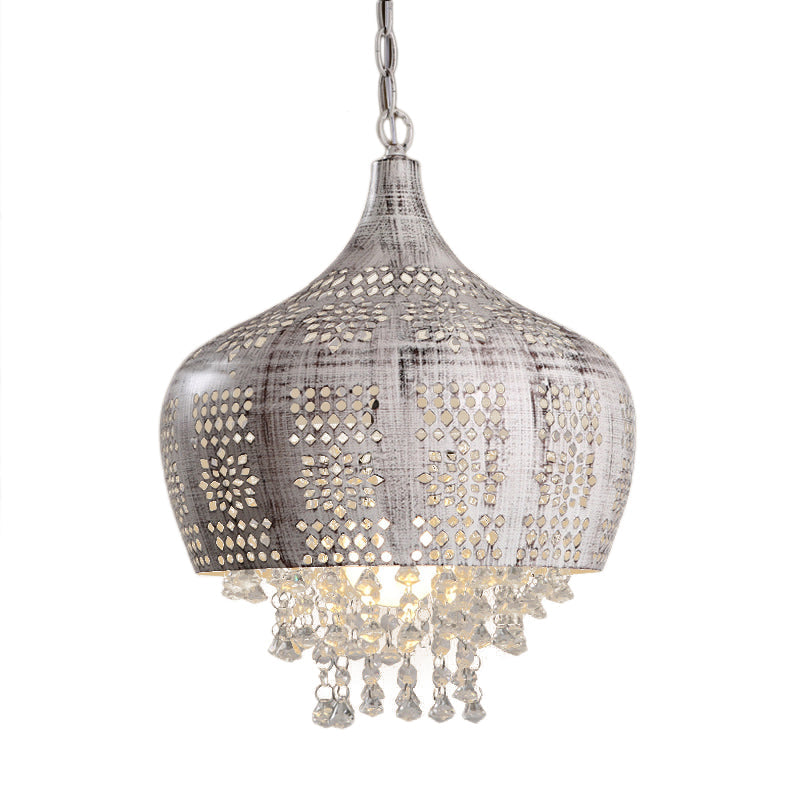 Distressed White Vintage Dome Ceiling Pendant With Crystal Deco Wrought Iron And Pierced Design