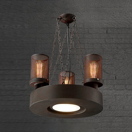 Rustic Farmhouse Cylindrical Chandelier Light with Mesh Shade - 3 Bulb Iron Ceiling Fixture
