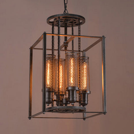 Suspension en métal de style antique avec abat-jour cylindrique - Lampe lustre d'intérieur à 4 lumières (noir)