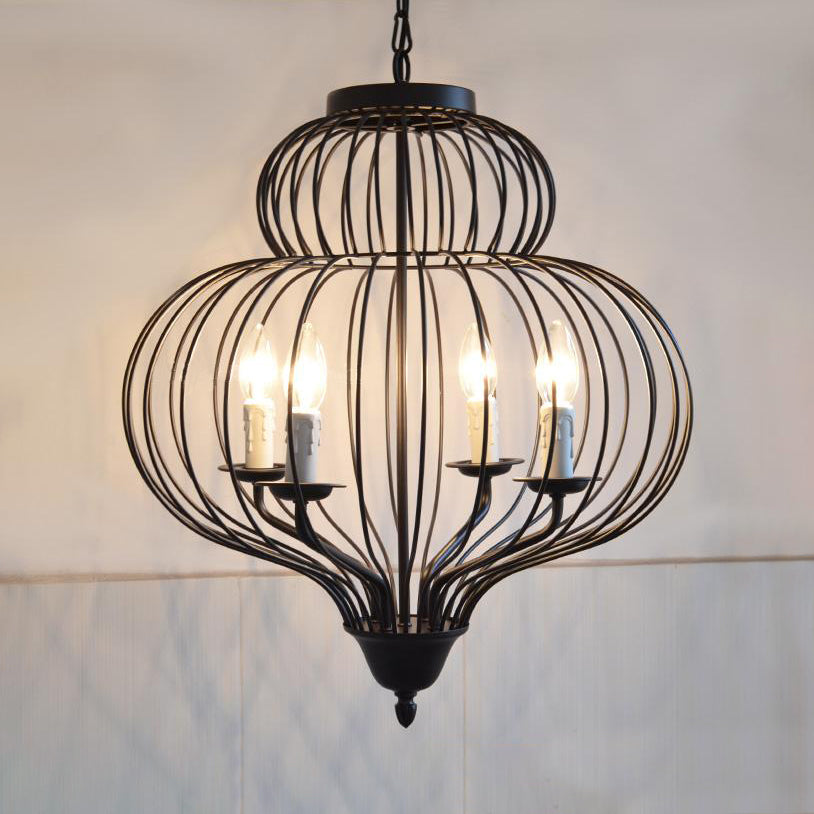 Plafonnier en métal noir de style vintage : grand luminaire suspendu avec abat-jour en forme de cage de courge, 4 lumières et bougie