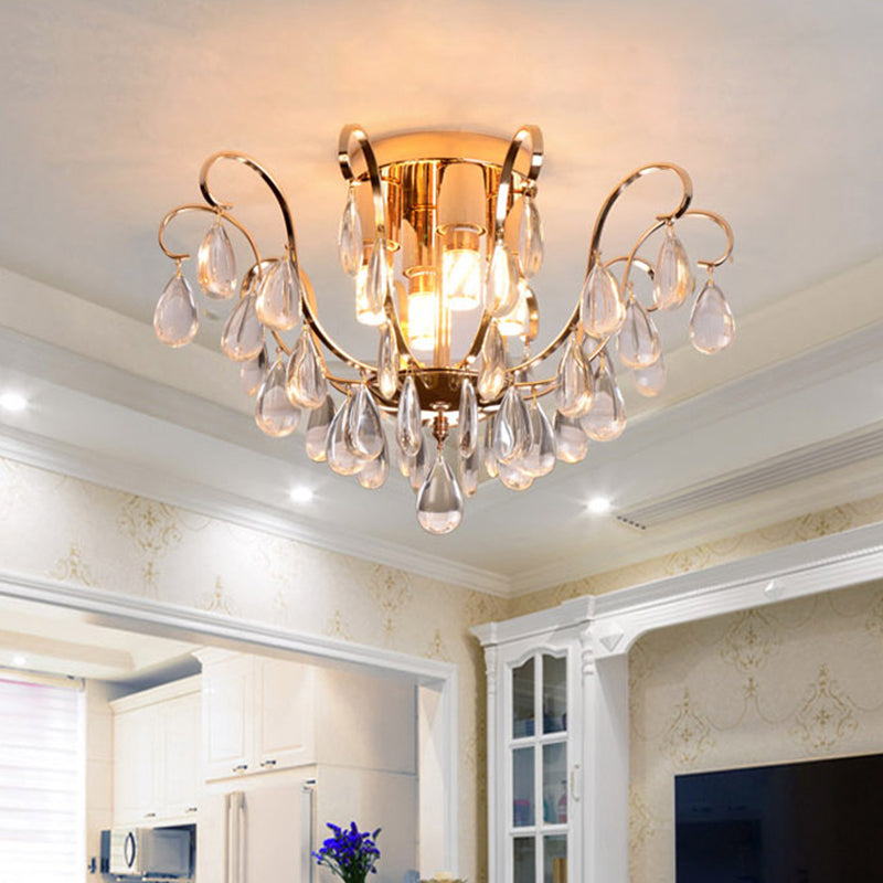 Vintage Crystal Droplet Flush Mount Chandelier - Gold Scroll Design 4-Bulb Ceiling Light Fixture For