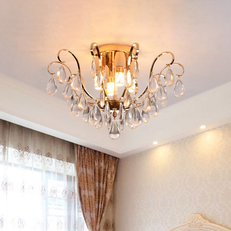 Vintage Crystal Droplet Flush Mount Chandelier - Gold Scroll Design - 4-Bulb Ceiling Light Fixture for Hotels