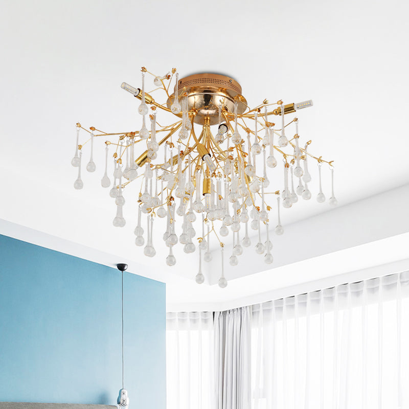 Plafonnier semi-encastré traditionnel en cristal à 10 têtes pour chambre à coucher Cascade - Doré